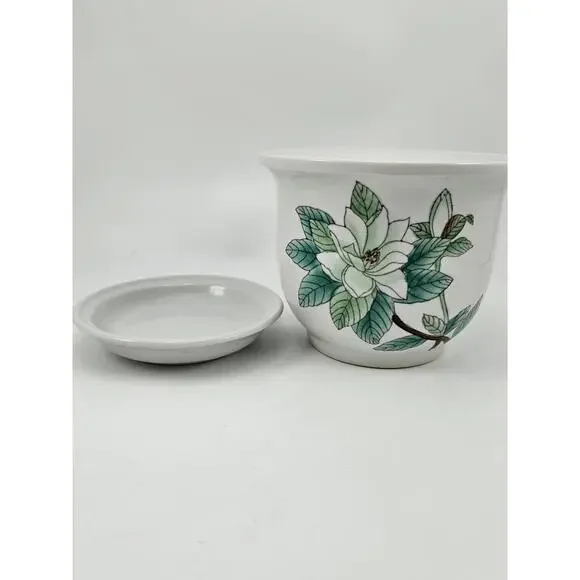 Magnolia Ceramic Flower Pot & Drip Tray | 5" Diameter | No Chips/Cracks - Picture 5 of 9